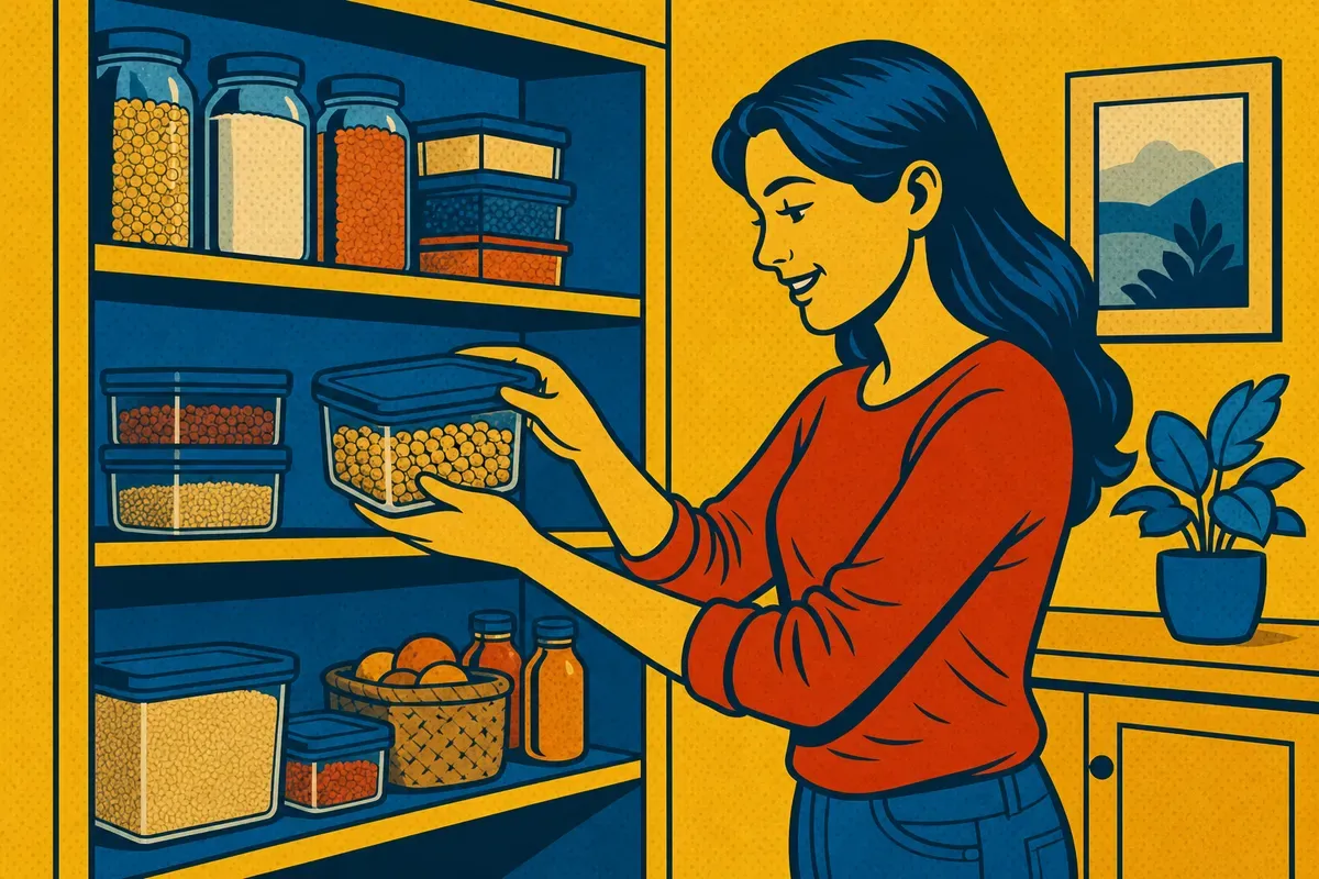 A homeowner putting food away into sealed containers in a pantry