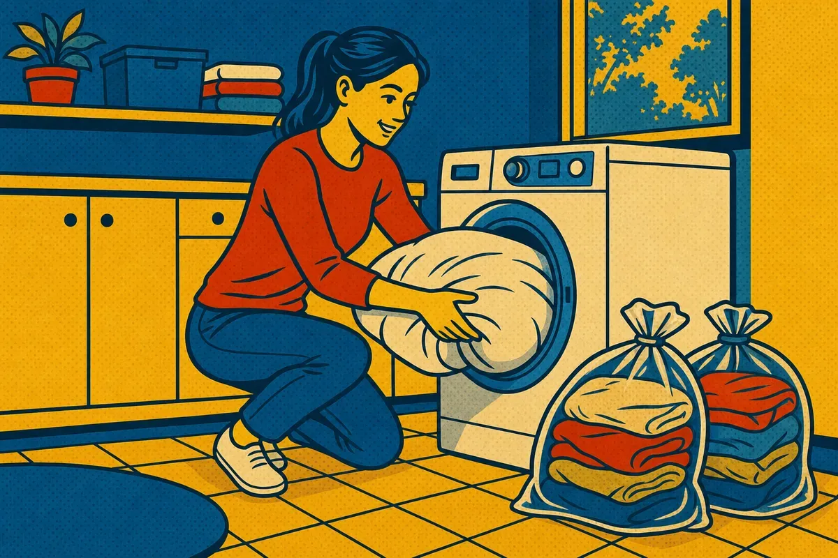 A homeowner loading bedding into a washing machine with sealed plastic bags of clothes beside her