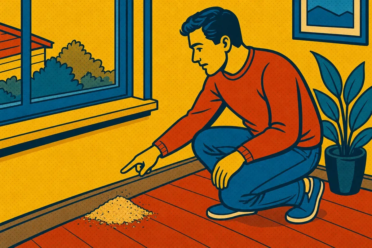 A homeowner pointing out a small pile of sawdust under a window sill