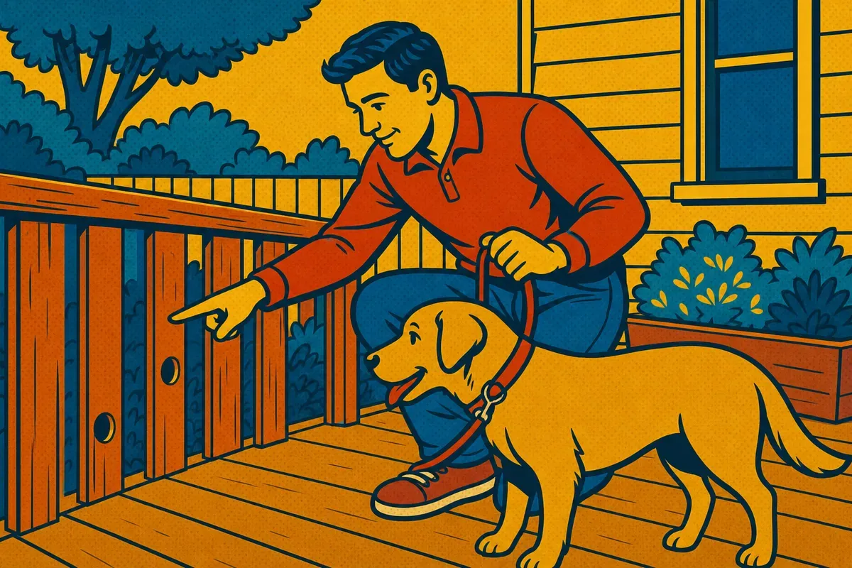 A homeowner pointing out round holes in a deck railing while keeping a dog on a leash