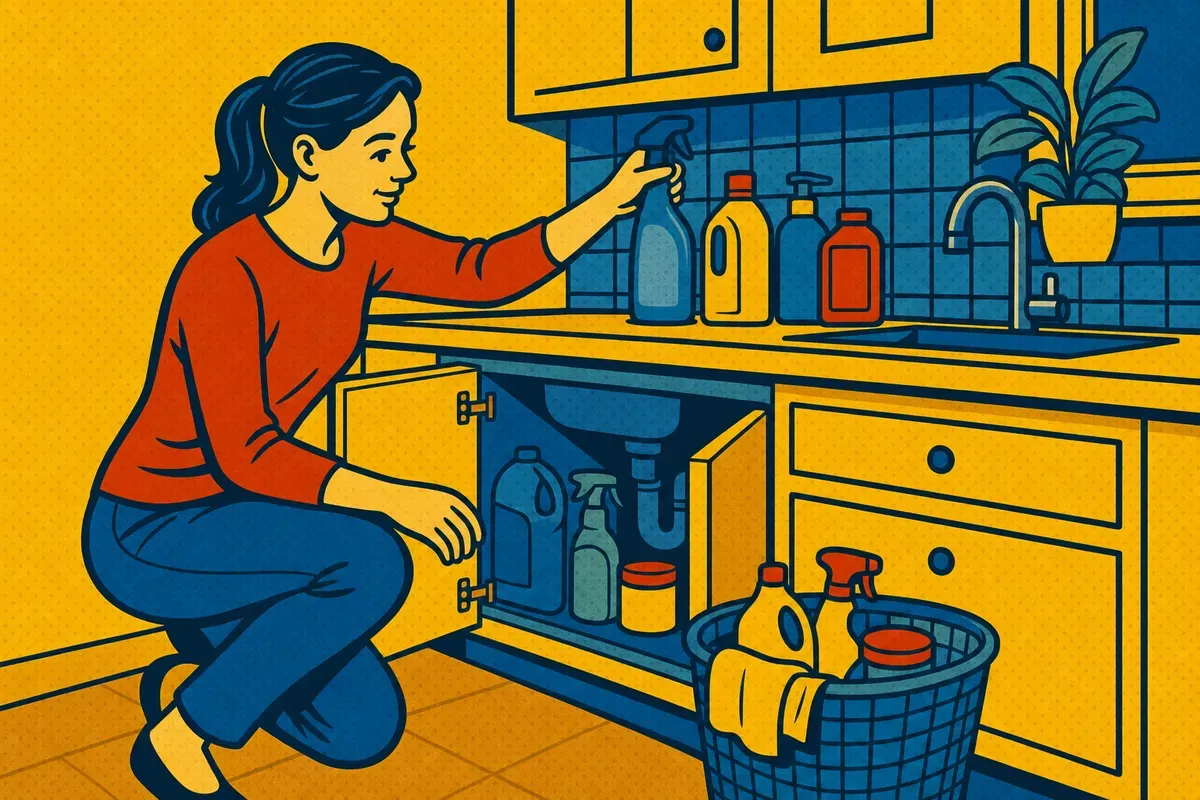 A homeowner emptying the cabinet under a kitchen sink and stacking the bottles on the counter