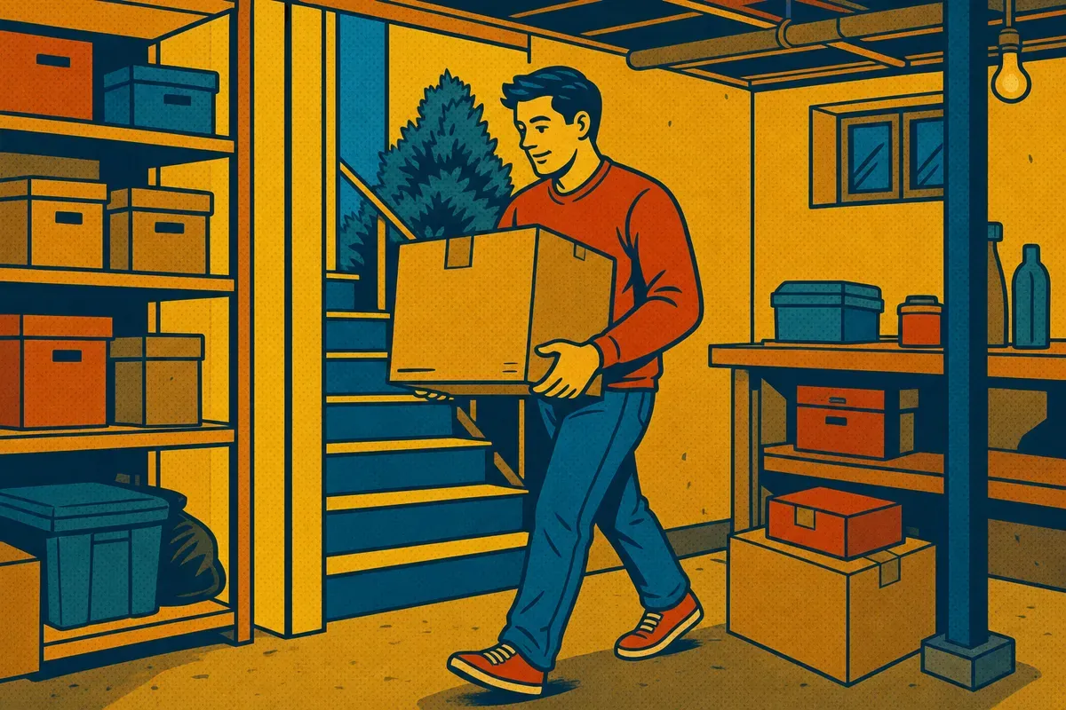 A homeowner carrying old cardboard boxes out of a basement