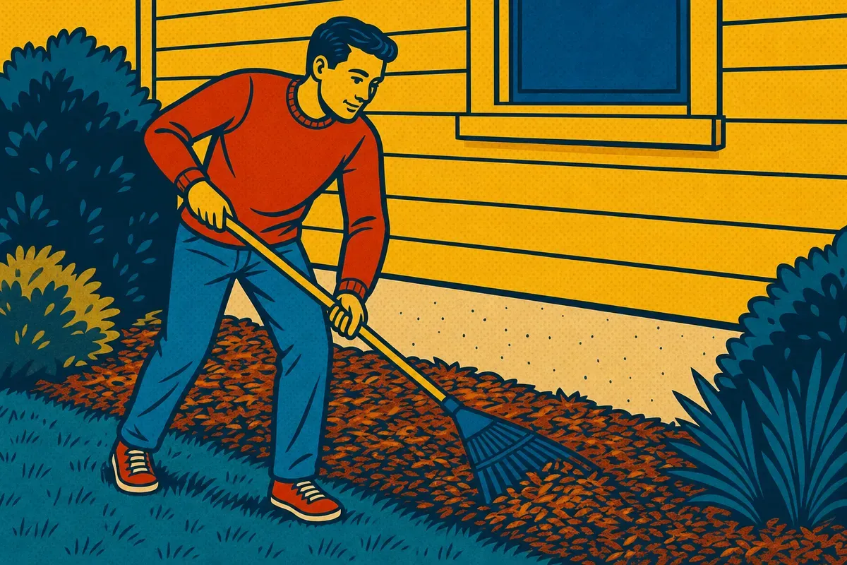 A homeowner raking mulch back from a house foundation