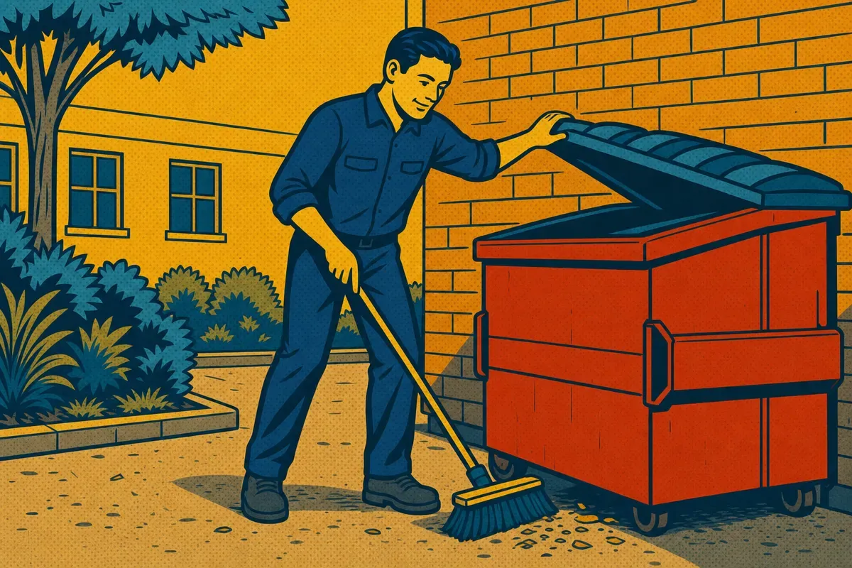 A school custodian wearing a navy blue work shirt and navy pants, with no cap and no gloves, closing the lid of an outdoor dumpster and sweeping up around it