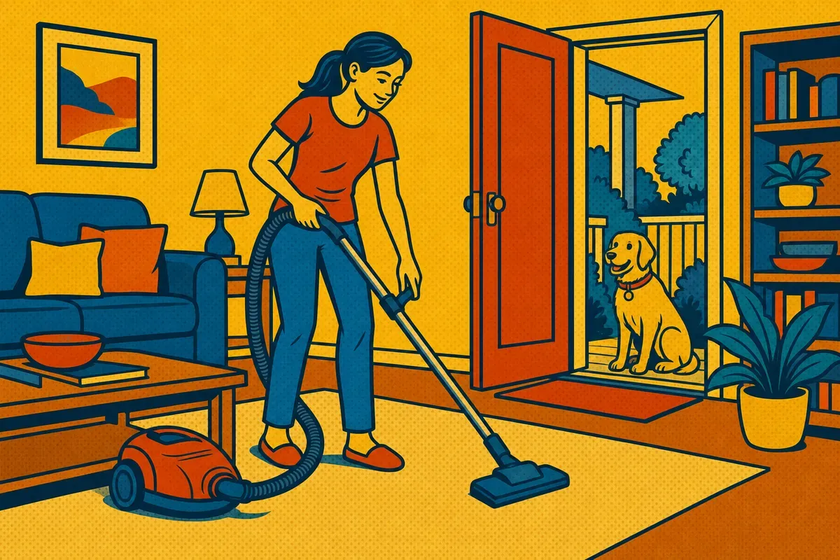 A homeowner vacuuming a living room rug while a dog waits on the porch outside the open door