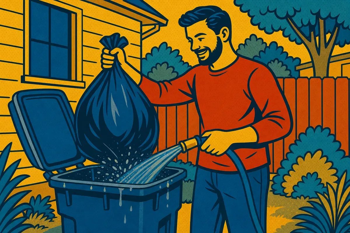 A homeowner taking out a full trash bag and rinsing out the bin