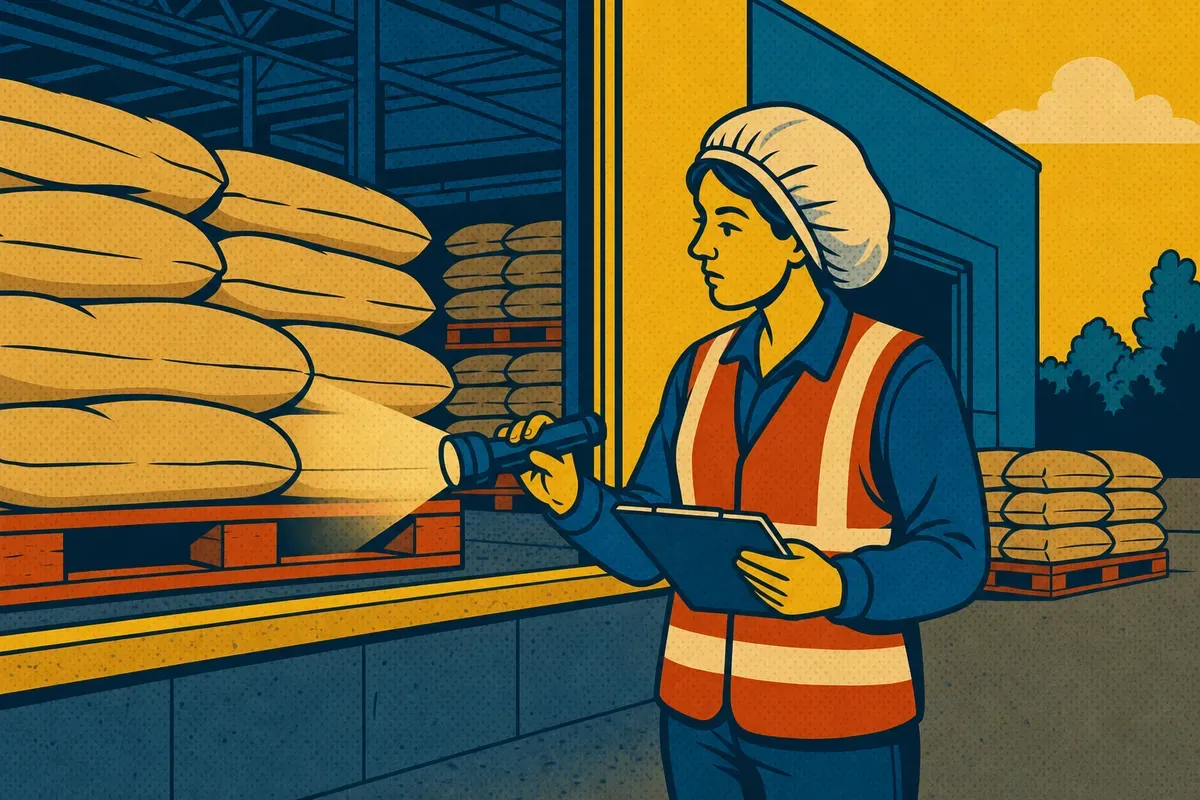 A plant worker in a white hairnet and safety vest inspecting incoming pallets of sacks with a flashlight at a receiving dock