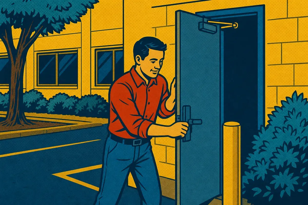 A facility manager closing a propped-open service door at the back of an office building