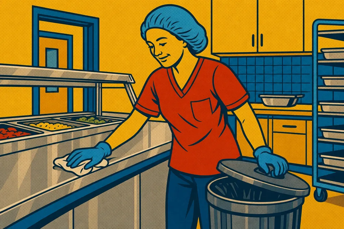A hospital kitchen worker in a hairnet wiping down a stainless food service line and closing the lid on a trash can