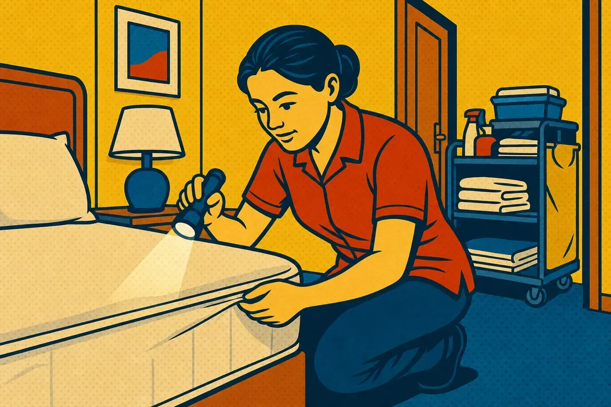 A hotel housekeeper checking the seam of a mattress with a flashlight during room turnover, her housekeeping cart in the doorway