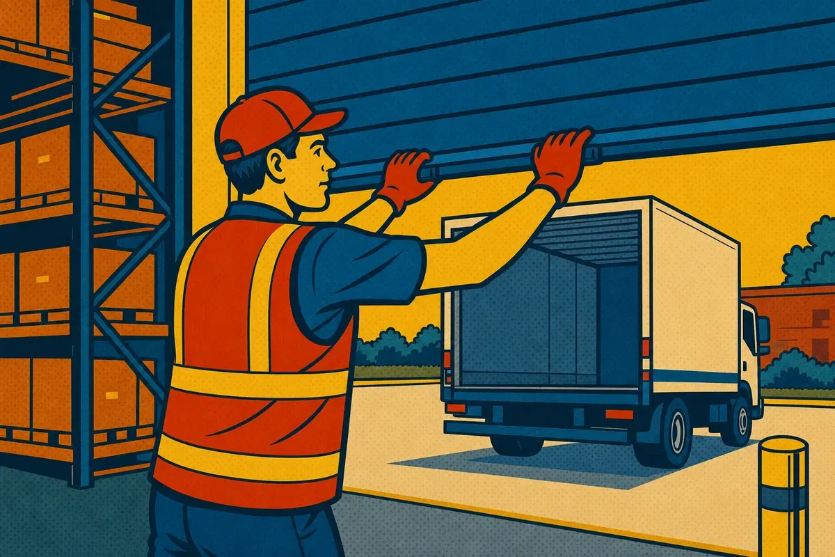A warehouse worker in a safety vest closing a roll-up dock door after a truck pulls away