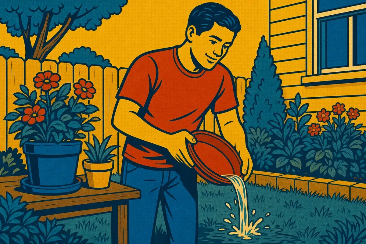 A homeowner tipping standing water out of a flower-pot saucer in a backyard