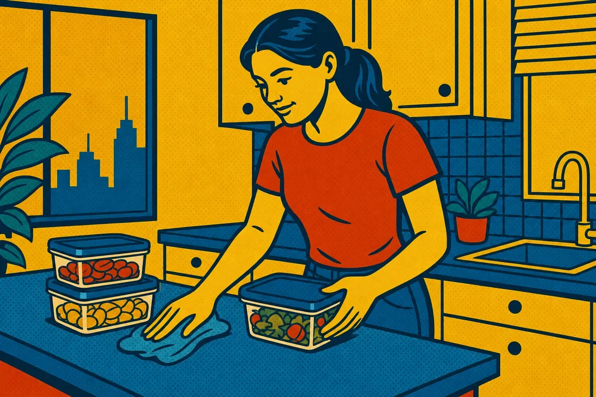 An apartment resident in casual clothes putting food into sealed containers and wiping down a kitchen counter