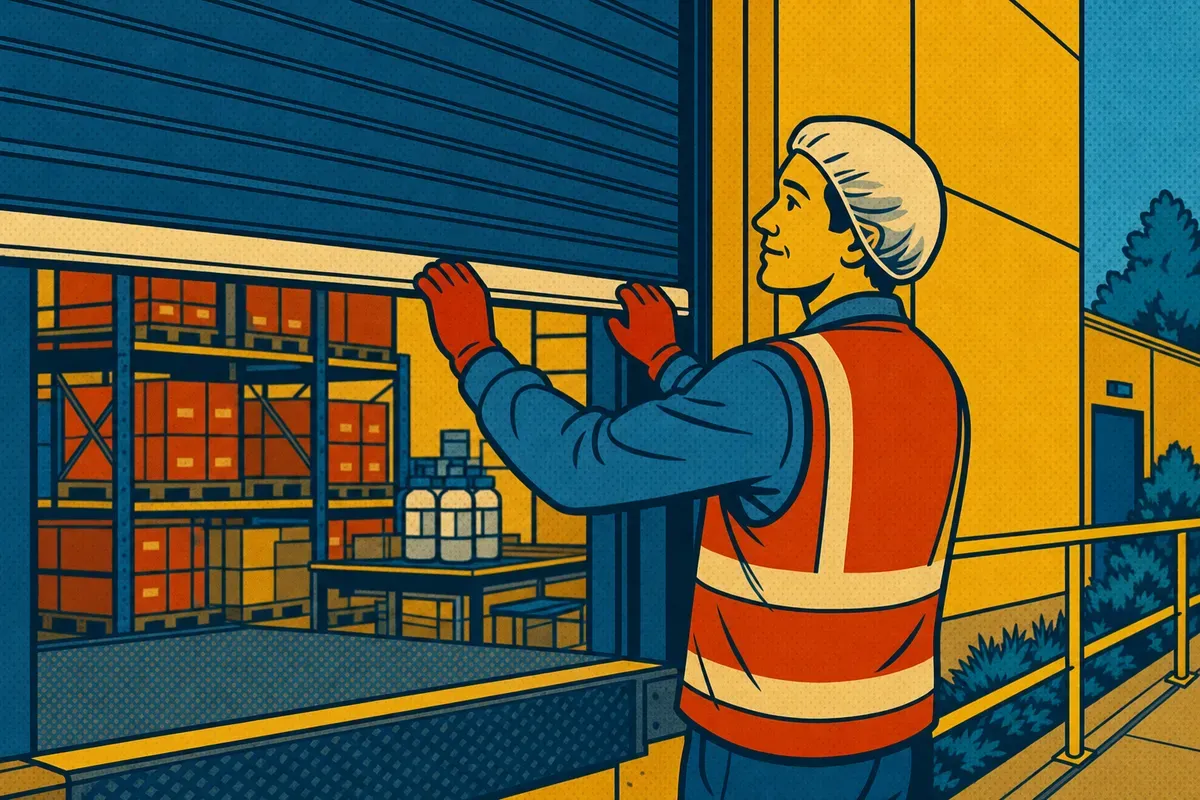 A warehouse worker in a white hairnet and safety vest lowering a roll-up dock door at a pharmaceutical facility
