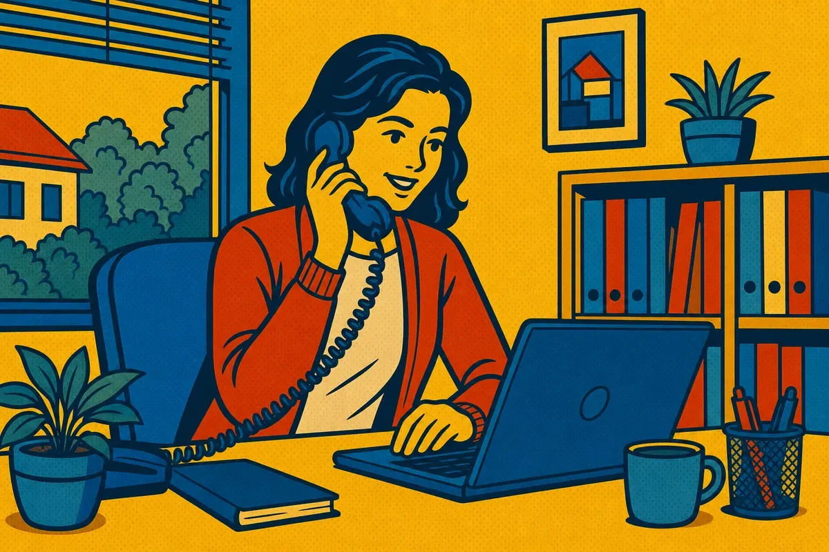 A property manager at an office desk taking a tenant's call and logging it on a laptop