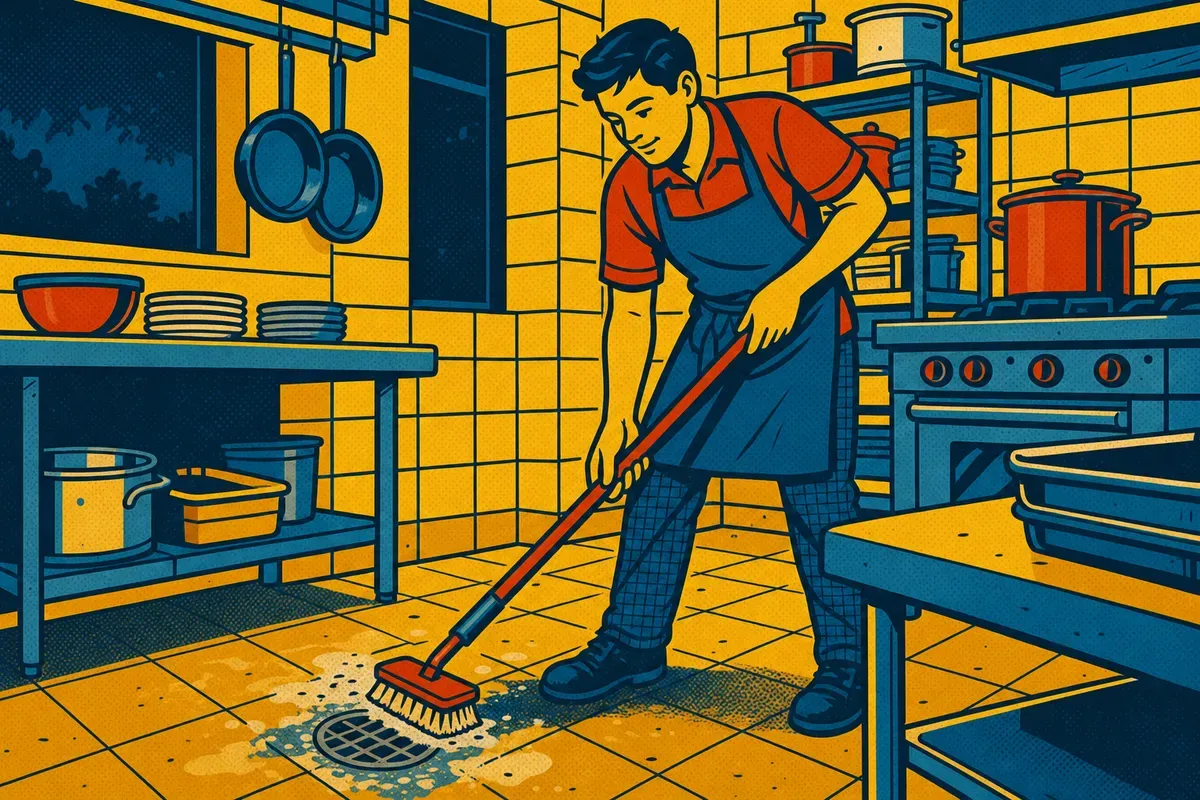 A line cook in an apron scrubbing a floor drain with a long-handled brush in a commercial kitchen at closing time