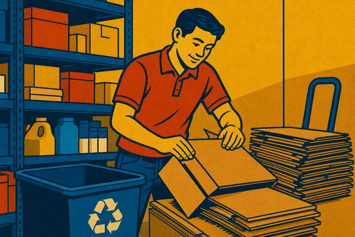 A store employee breaking down cardboard boxes in a stockroom and stacking them for recycling