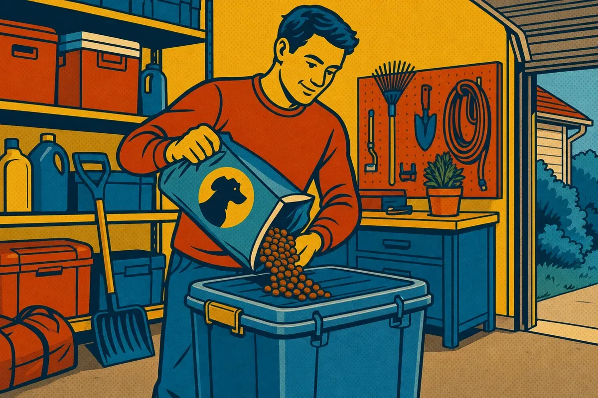 A homeowner pouring pet food into a sealed hard plastic bin in a garage