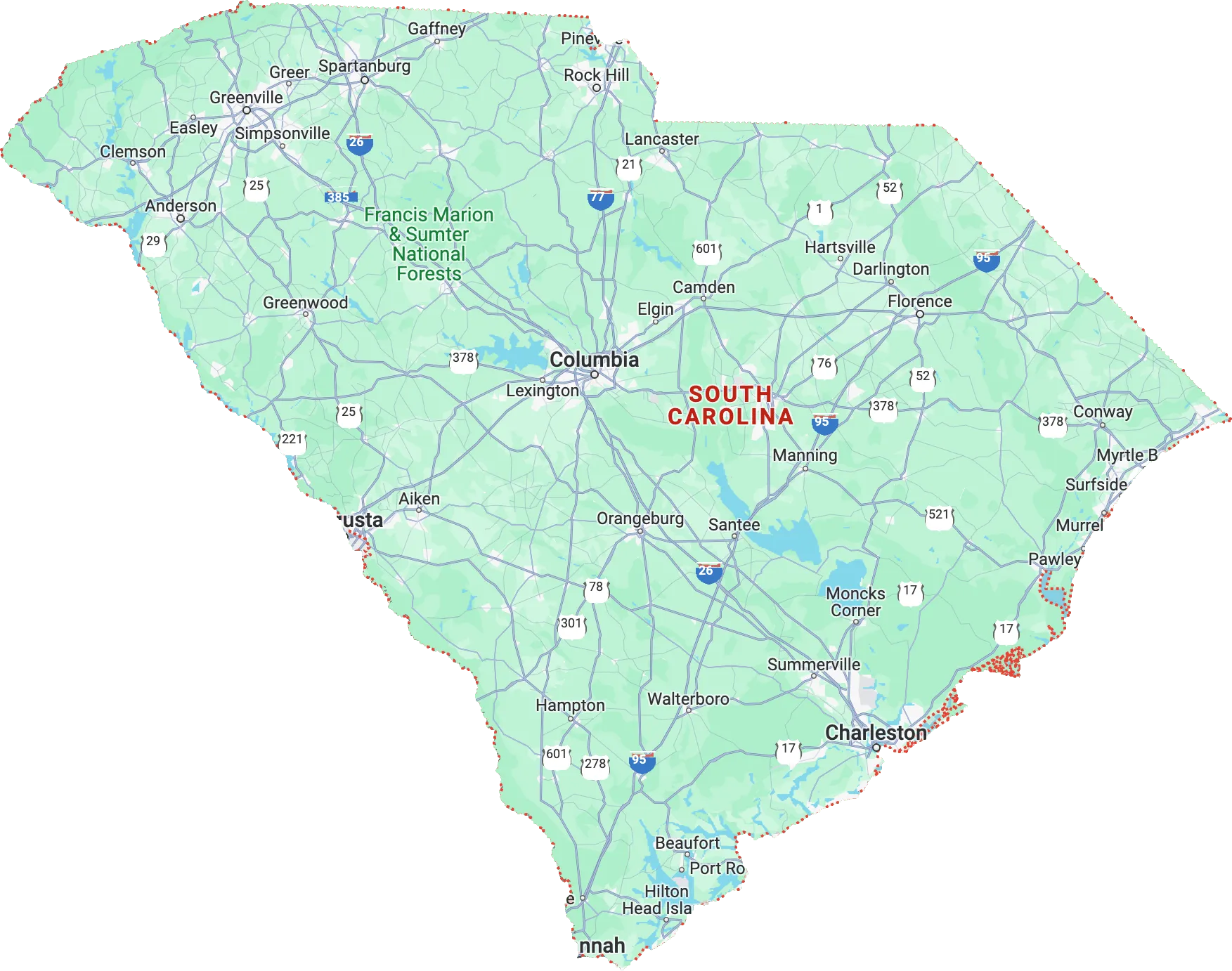 Map of Mack Pest Solutions service areas across South Carolina