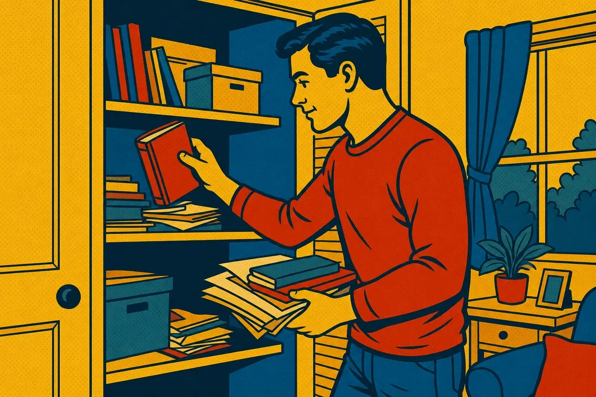 A homeowner clearing old books and papers off a closet shelf