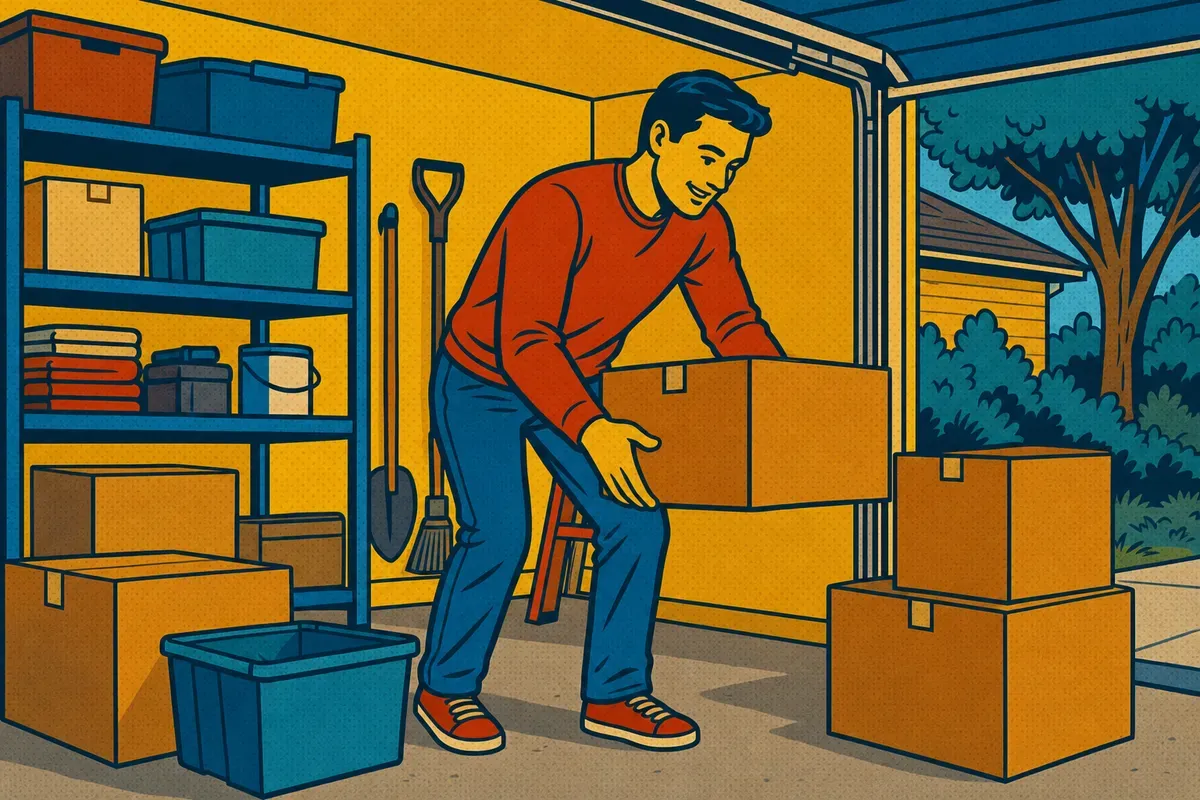 A homeowner clearing clutter and boxes away from the walls of a garage