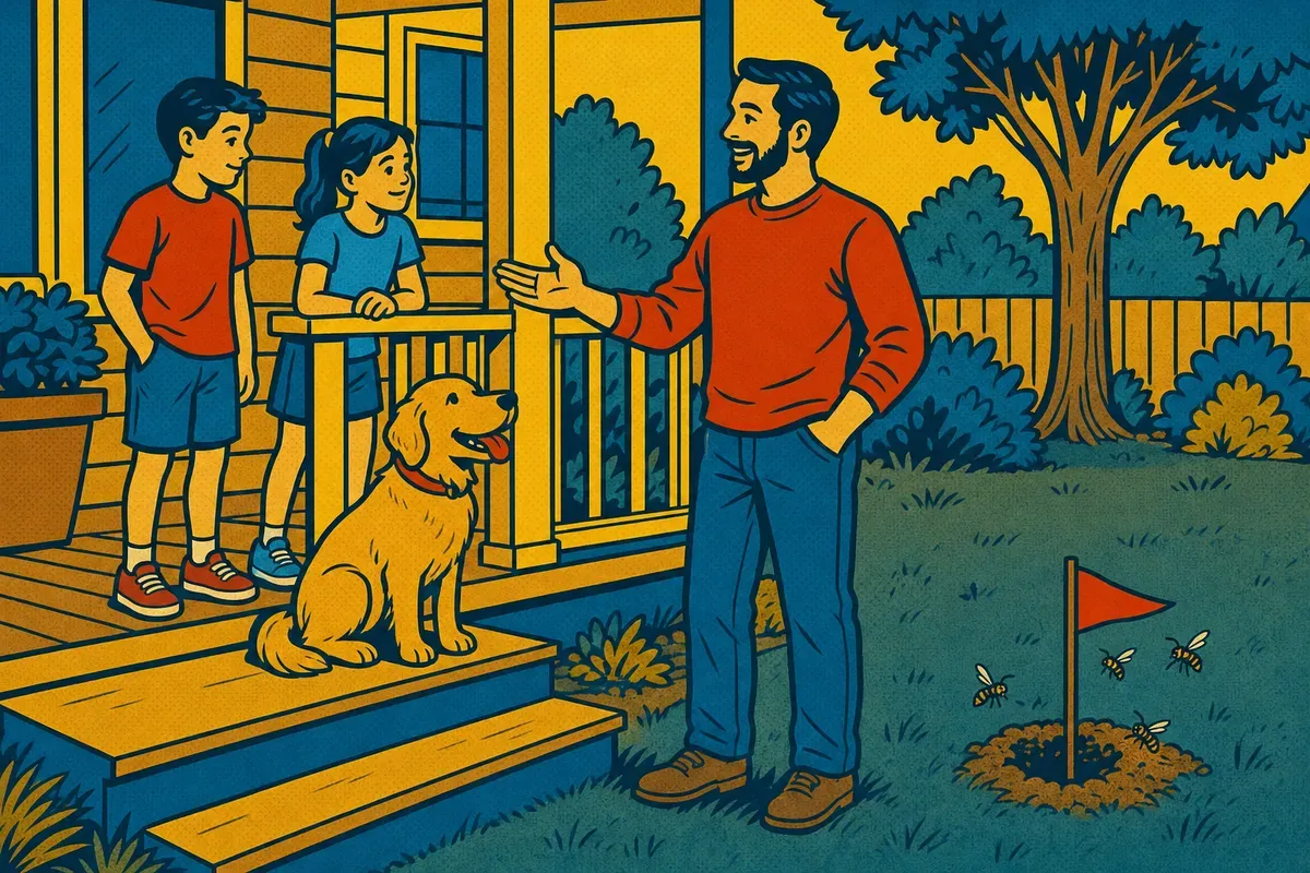 A calm, smiling parent standing on the porch steps with one arm out, keeping two relaxed kids and a dog up on the porch; far away in the back corner of the lawn, a few small wasps around a hole in the ground marked with a little orange flag