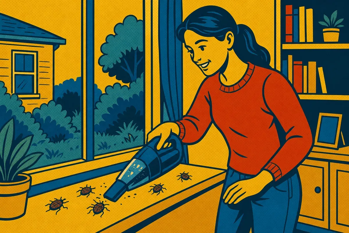 A homeowner vacuuming stink bugs off a window sill with a handheld vacuum