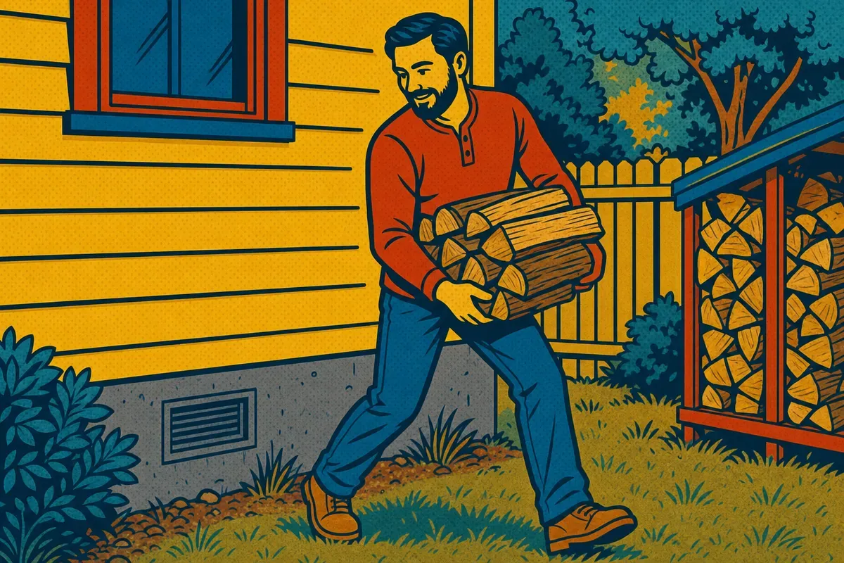 A homeowner moving a stack of firewood away from the foundation of a house
