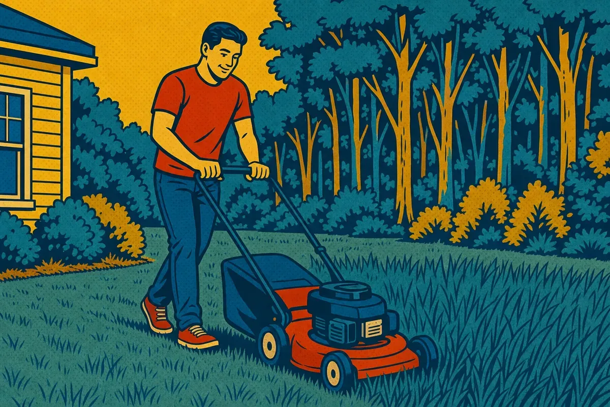 A homeowner mowing a backyard lawn beside a wooded edge