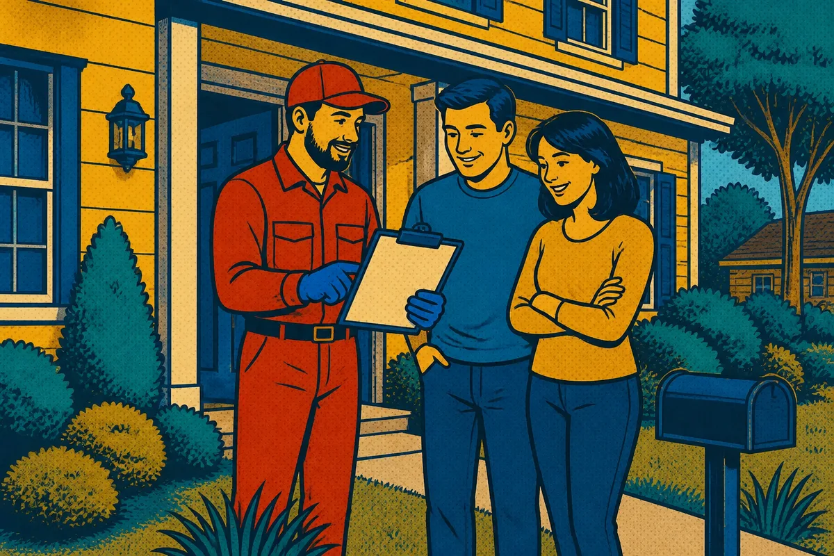 A Mack technician going over a service plan on a clipboard with a homeowner couple outside their house