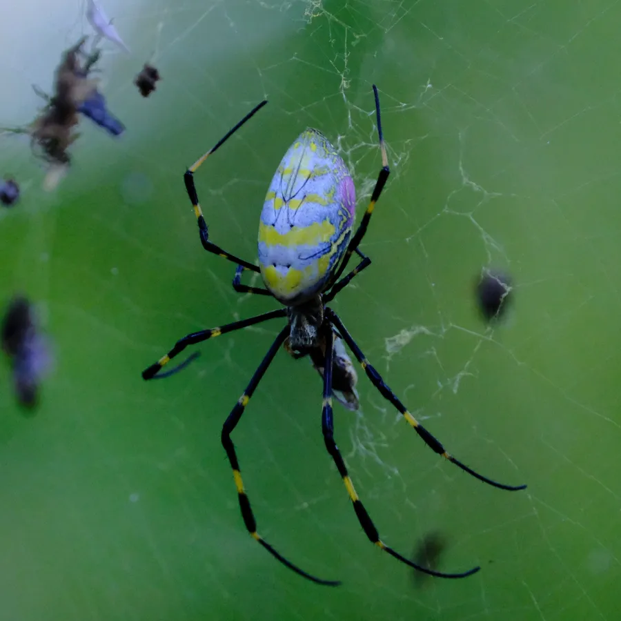 Joro spider in its web showing the yellow and blue-gray striped abdomen
