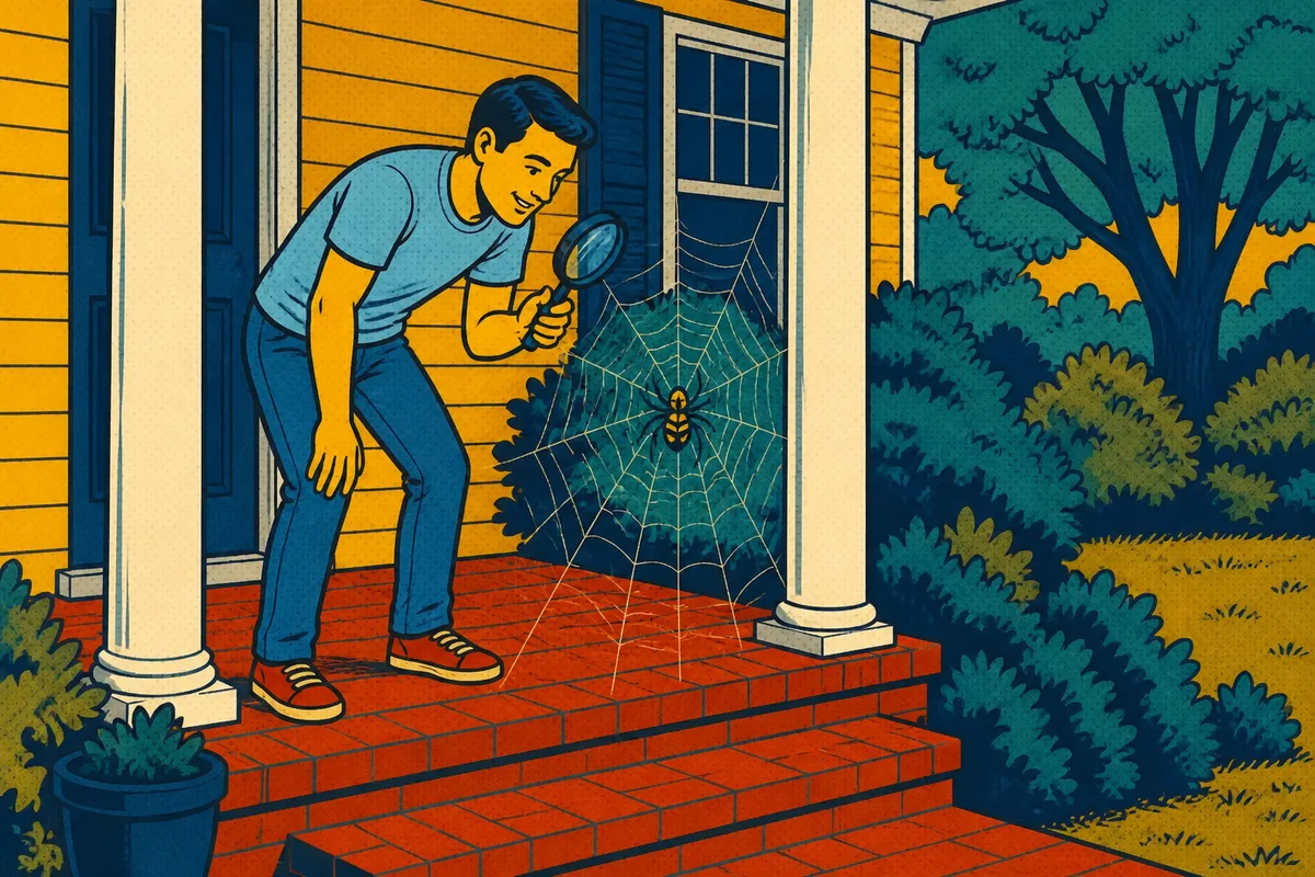 A homeowner on a brick porch studying a yellow-and-black orb-weaver spider in its web with a magnifying glass