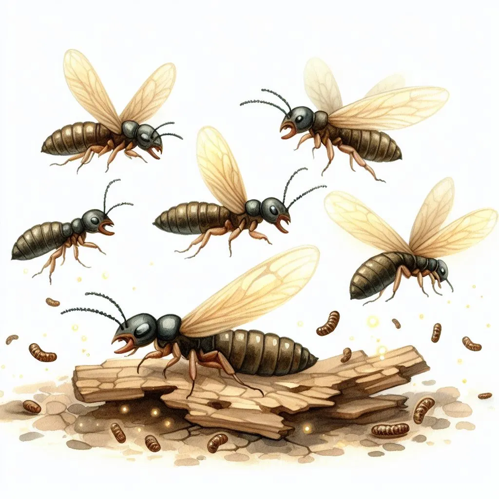 Illustration of flying and crawling termites with wooden debris.
