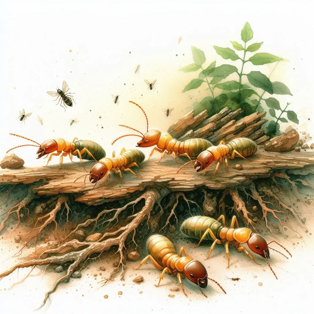 Ants on wood, roots, with flying insects and plant.