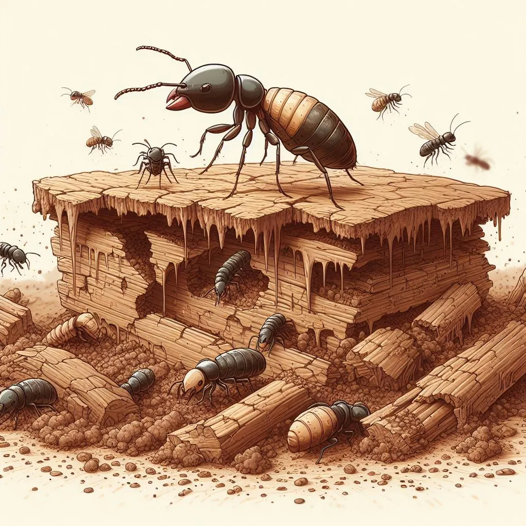 Giant ant towering over wooden termite mound.