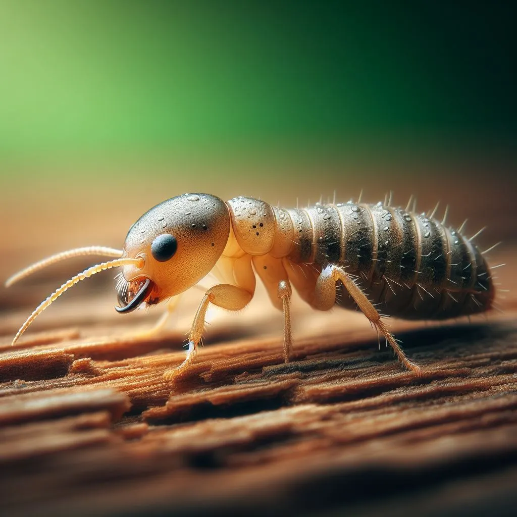 Macro photo of termite on wood surface.