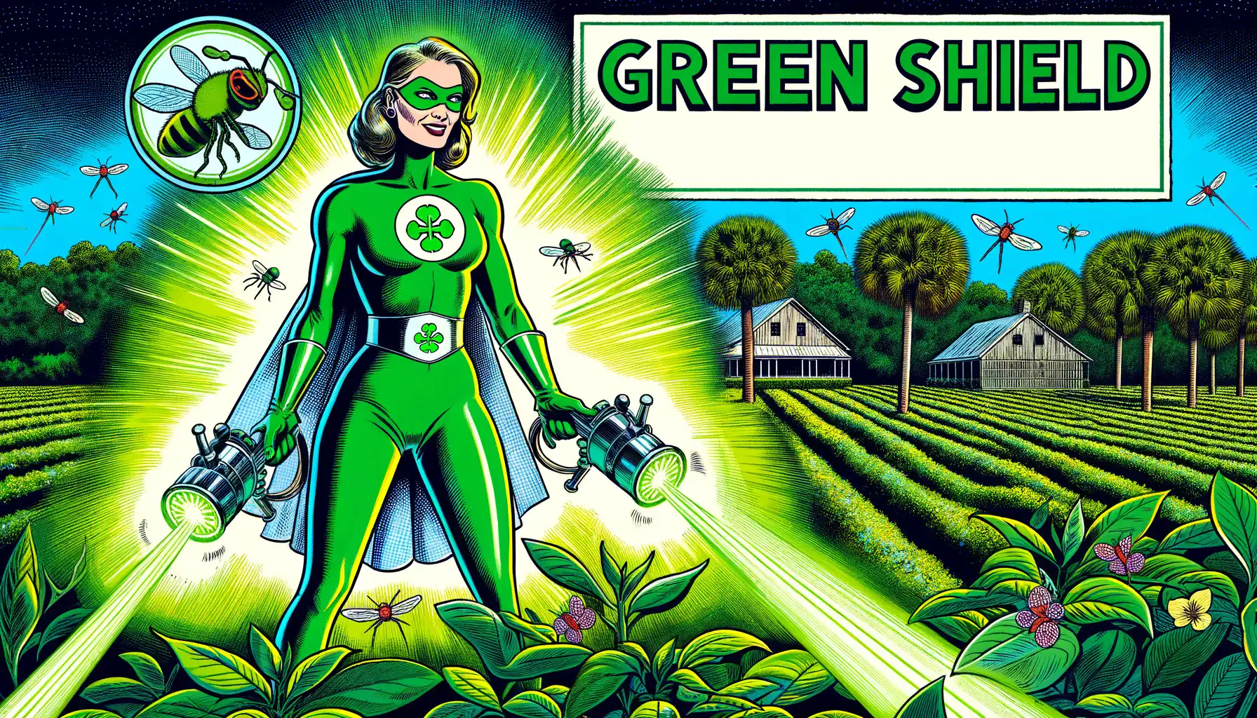 Superhero "Green Shield" with eco-friendly pest control spray.