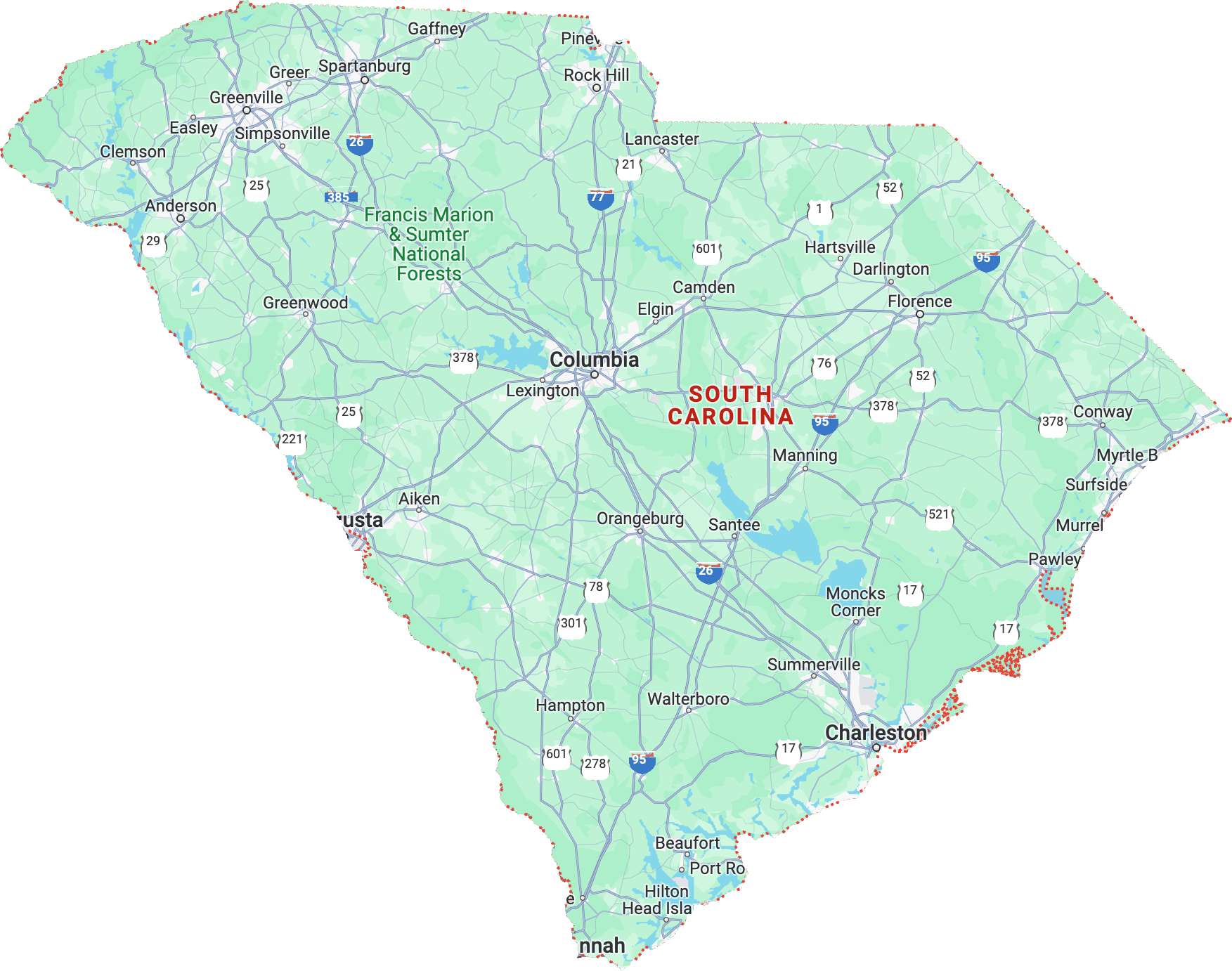 Detailed map of South Carolina, USA.