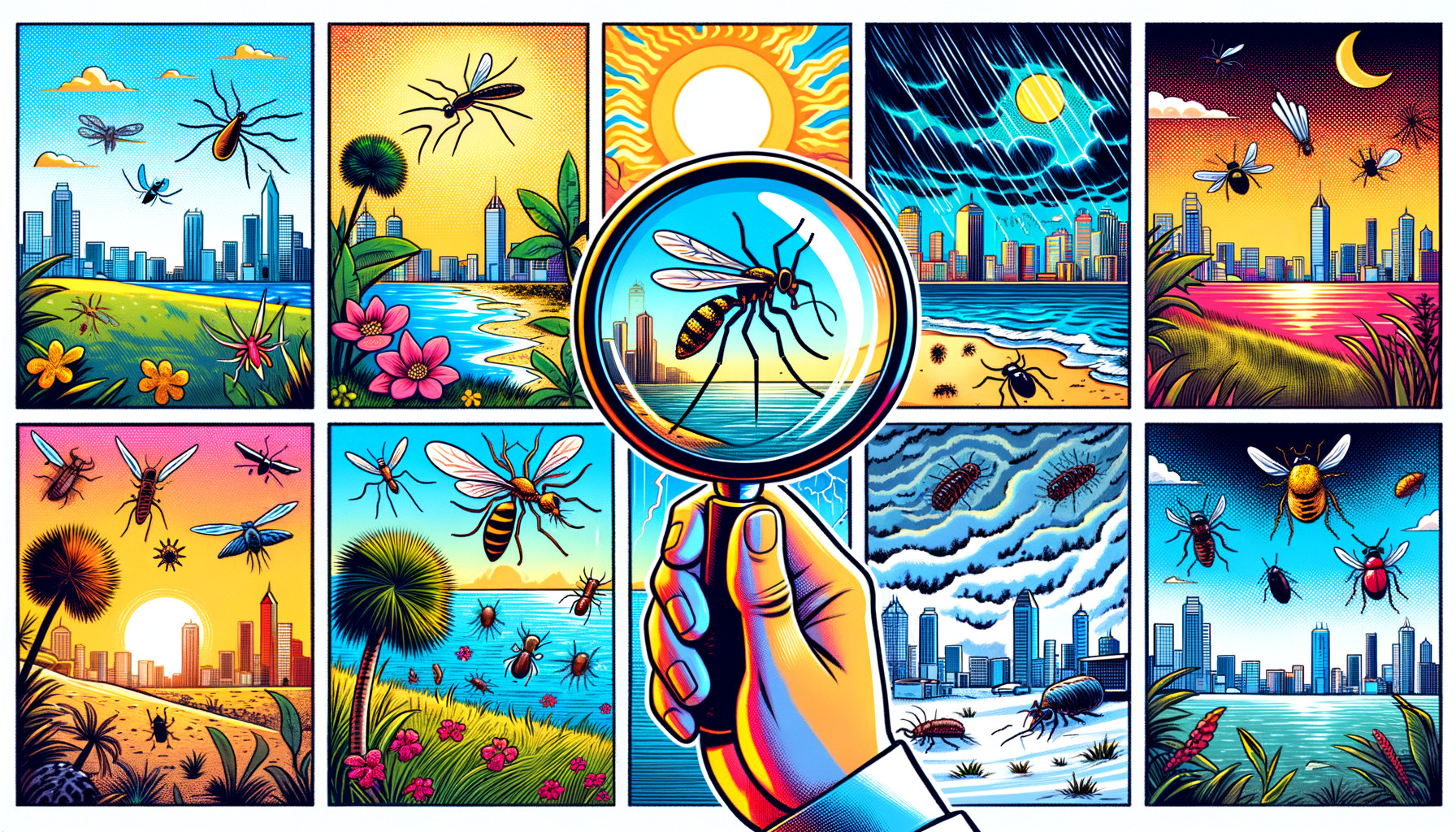 Comic-style insect illustrations with cityscape backgrounds.